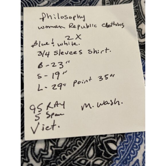 Philosophy Woman Republic Clothing 2X Blue & White 3/4 Sleeve Shirt Made In Viet - Picture 4 of 6